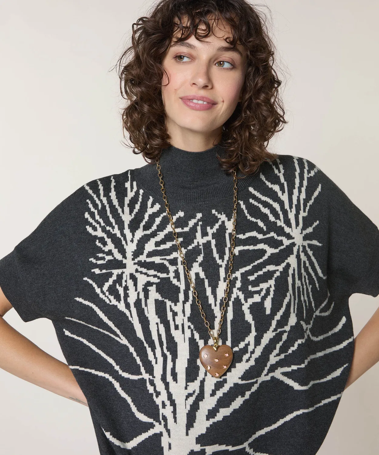Rodier Jacquard collo alto top grigio scuro maniche corte
