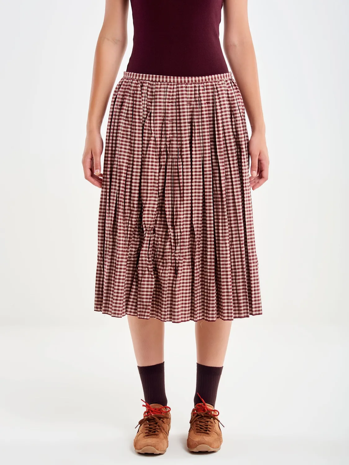 Vicolo gonna midi plissé quadretti bordeaux S