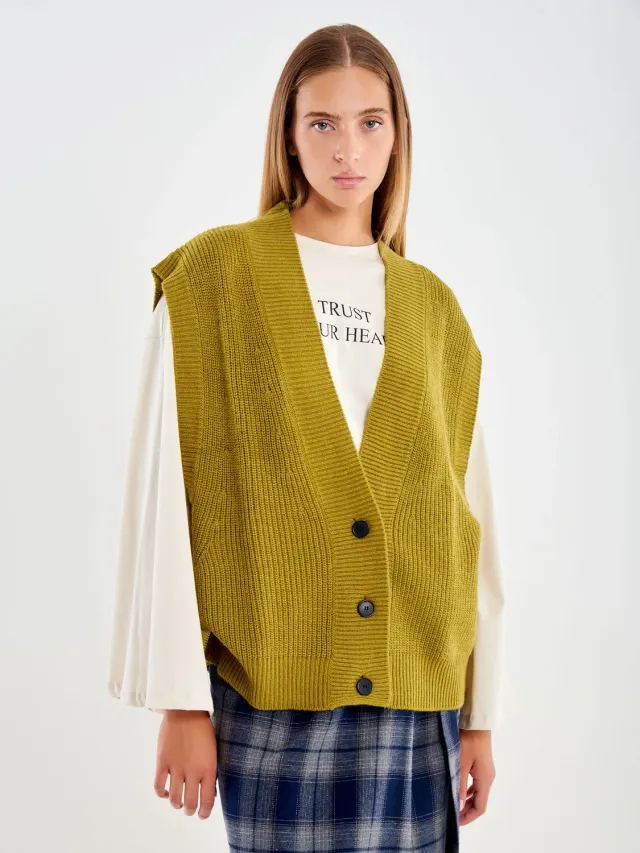 Vicolo Cardigan Scollo a V verde oliva over bottoni