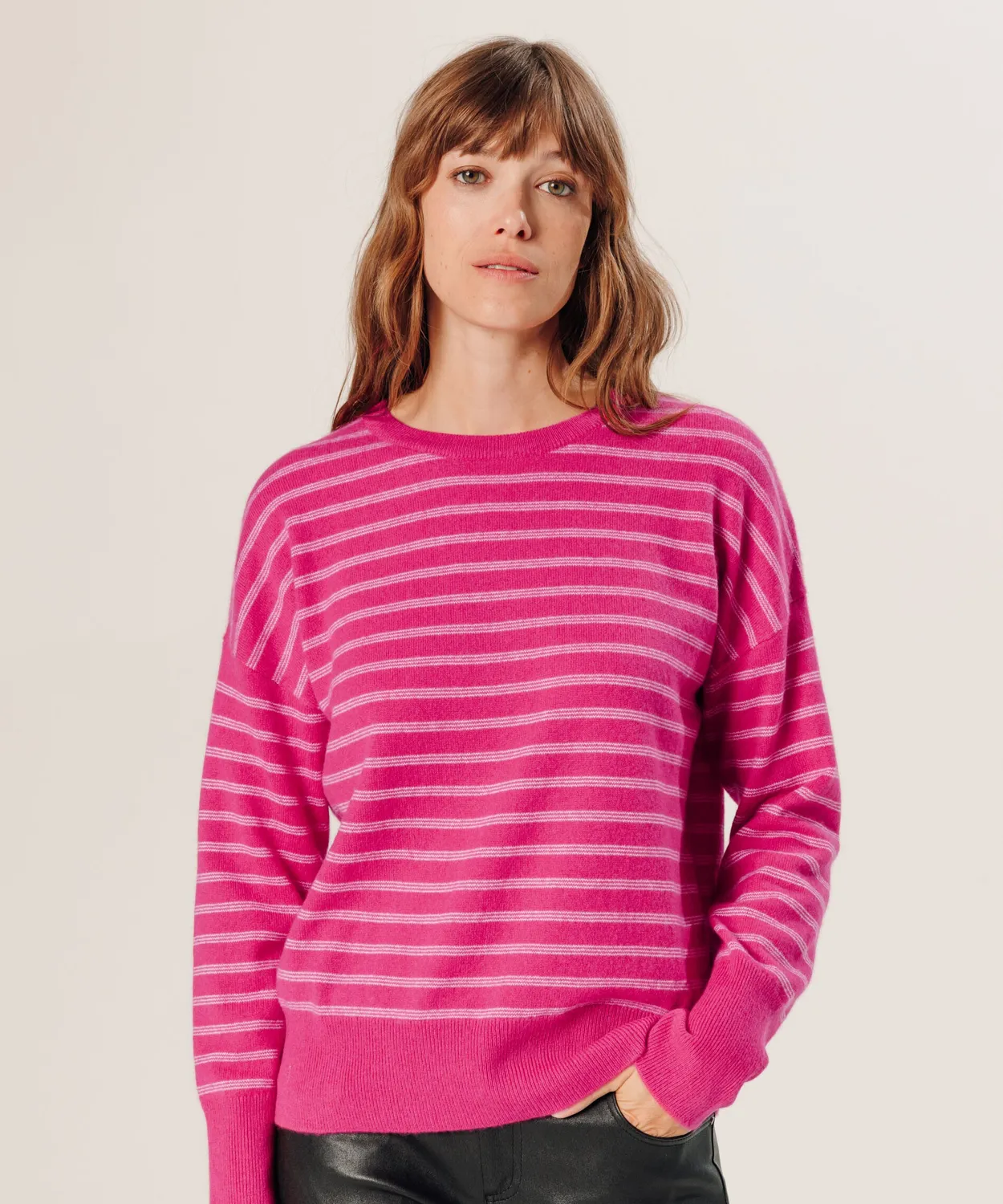 Rodier Maglione in cashmere a righe larghe rosa S-XL