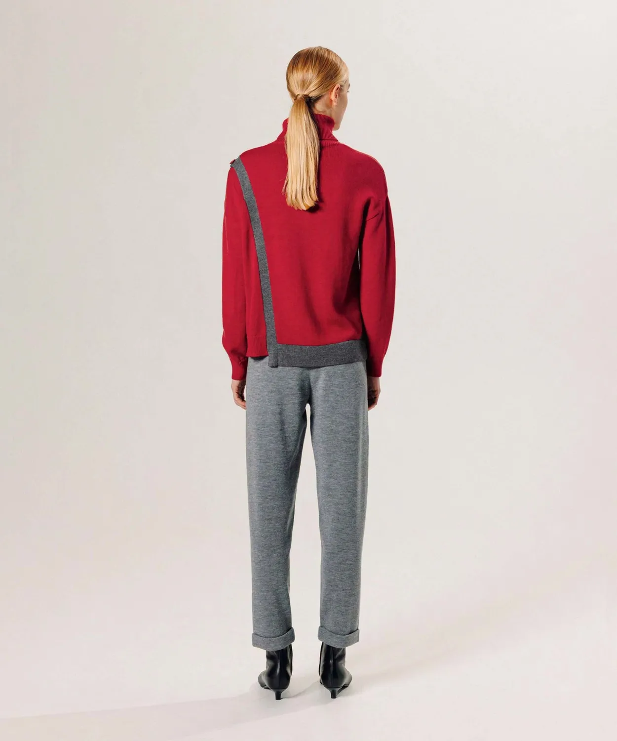 Rodier maglione collo alto lana merino rosso asimmetrico