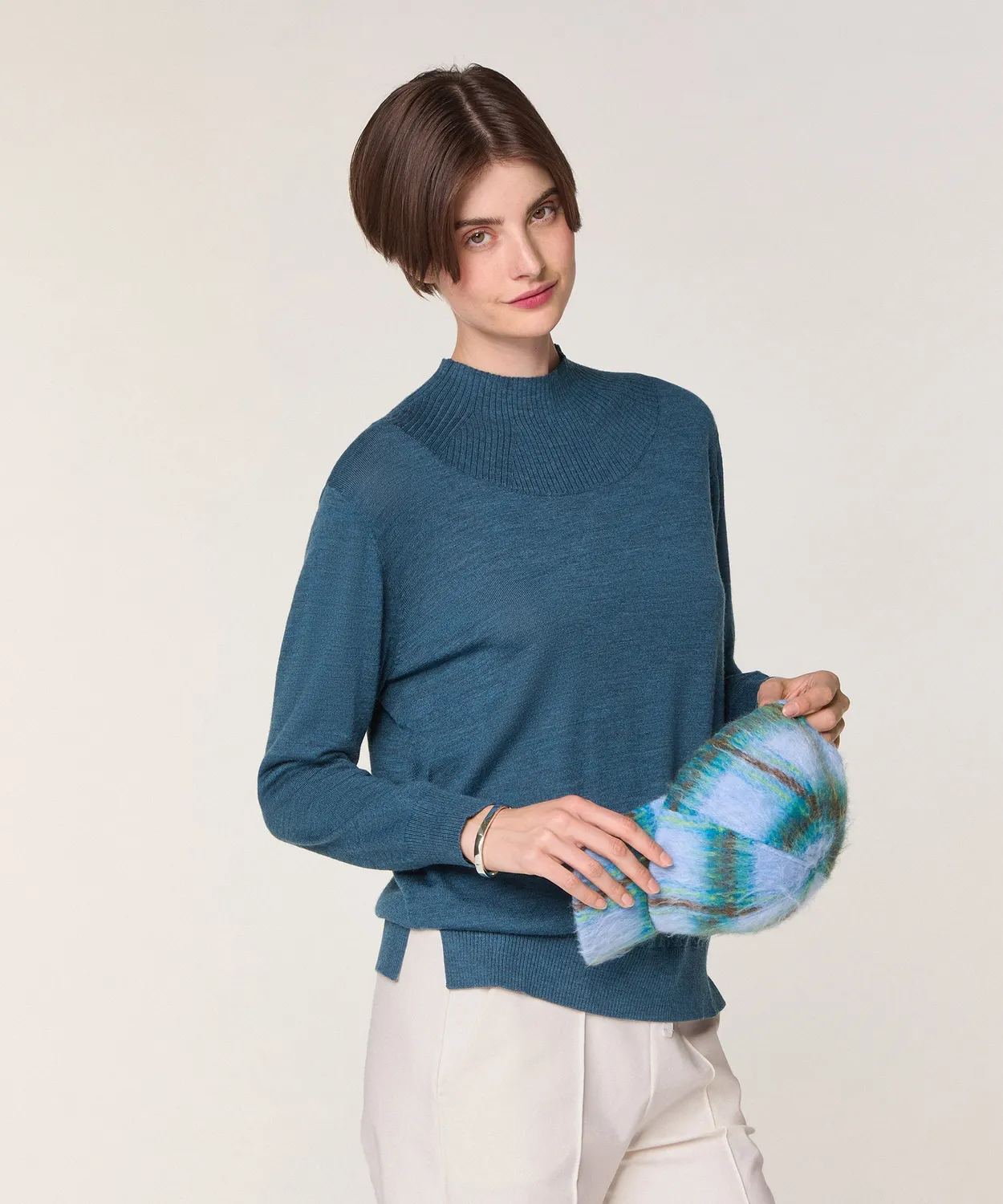 Rodier maglione collo alto donna lana merino blu denim