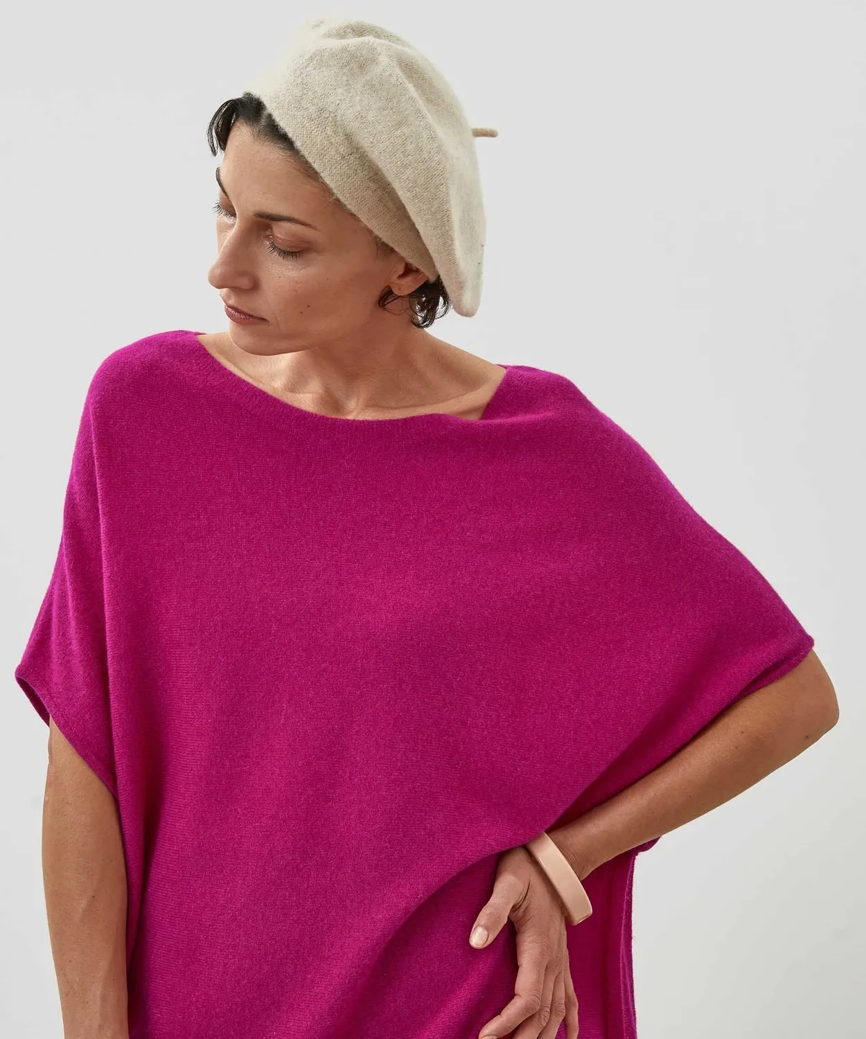Rodier poncho cashmere fucsia scollo barca