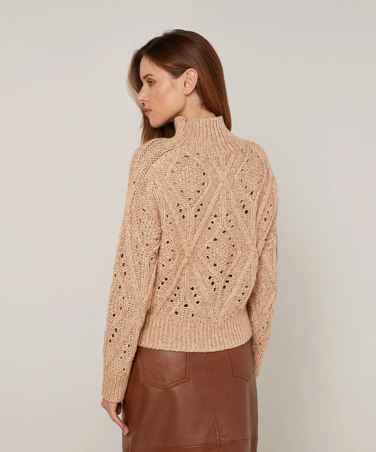 Rodier Maglia Collo Alto Traforato Cotone Lana Beige Ficelle