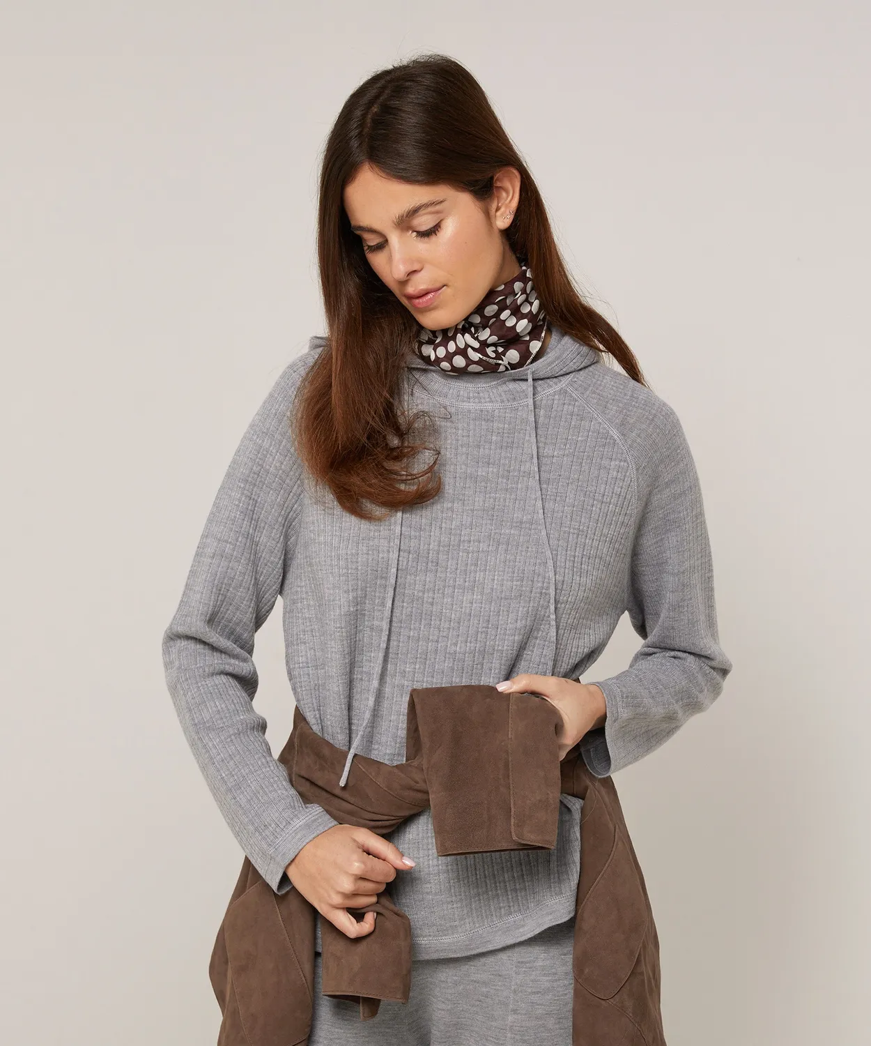 Rodier Maglione Cappuccio Grigio Chiaro a Coste