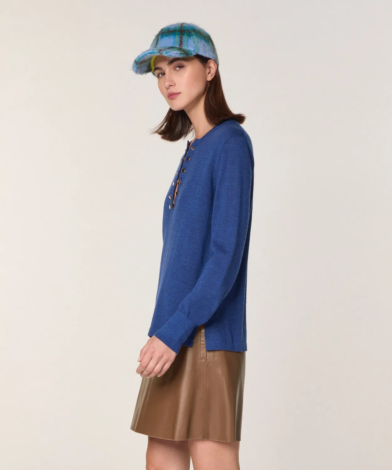 Rodier maglione collo tunisino merino blu zaffiro lana