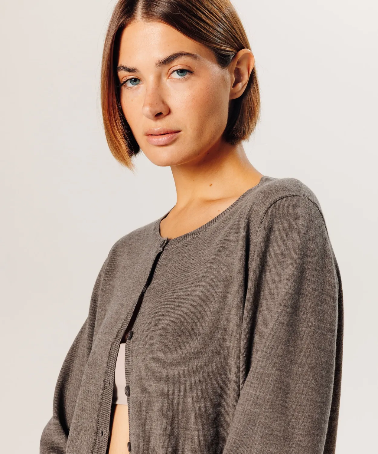 Rodier cardigan lana merino girocollo marrone tortora
