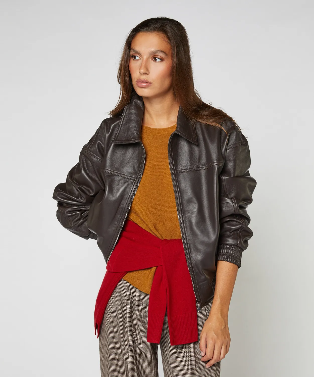 Rodier bomber pelle agnello bark brown oversize zip