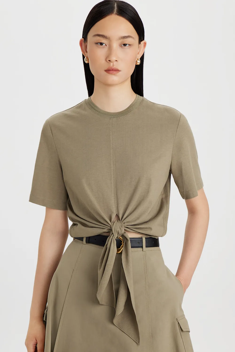 PORTS t-shirt nodo verde oliva in cotone e seta