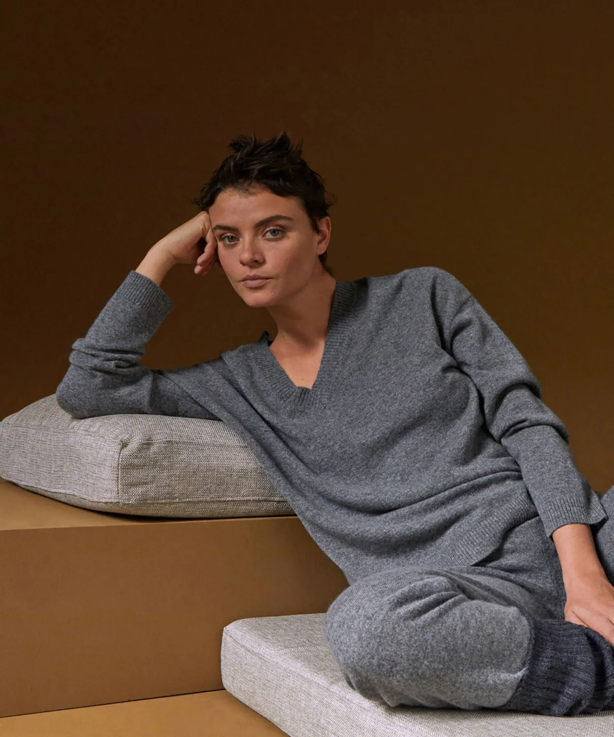Rodier Maglione oversize scollo V cashmere grigio medio M