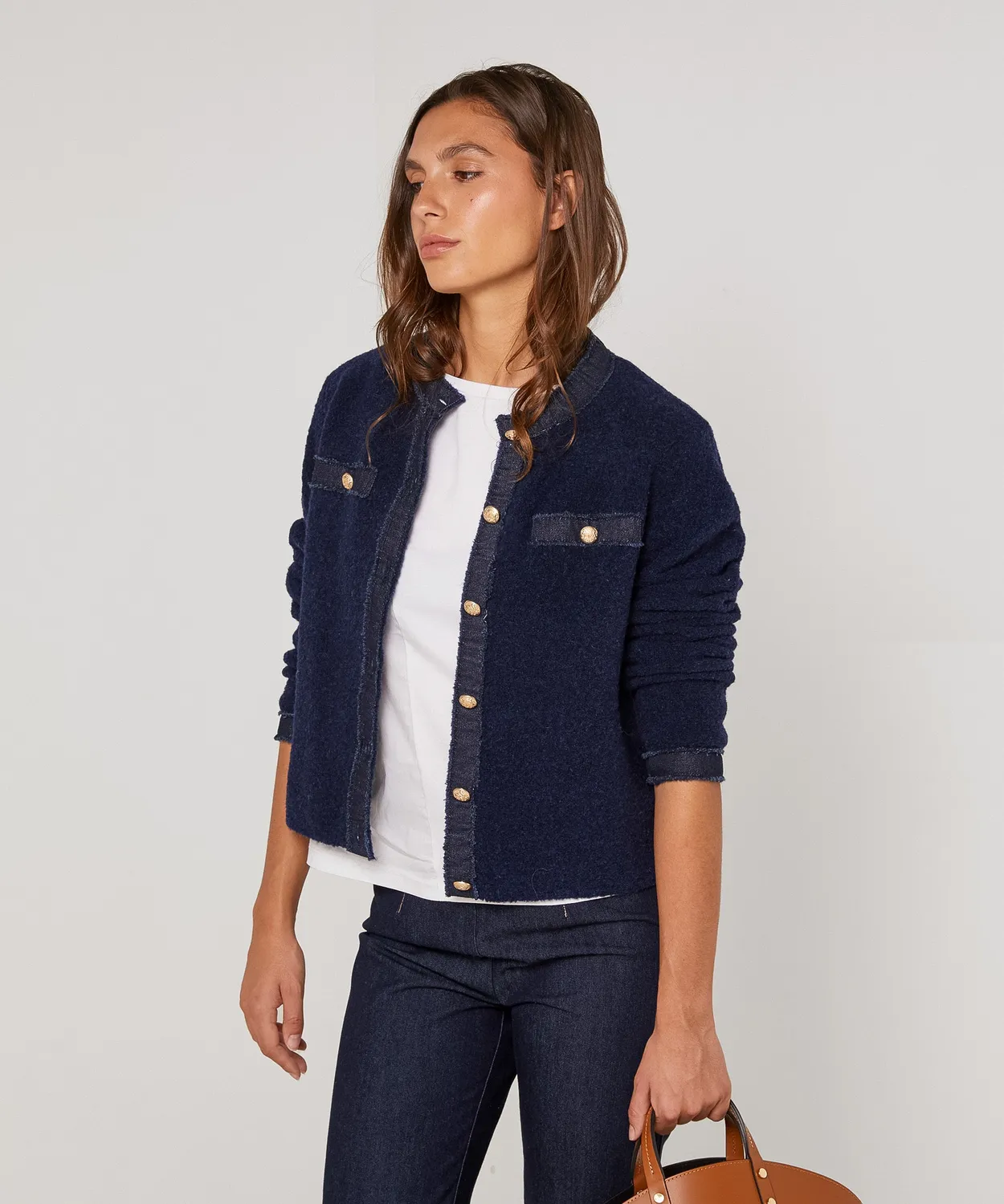 Rodier Cardigan bimateriale blu navy bottoni dorati