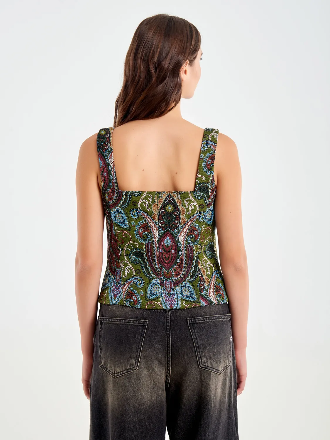 Vicolo corsetto jacquard top militare scollo quadrato