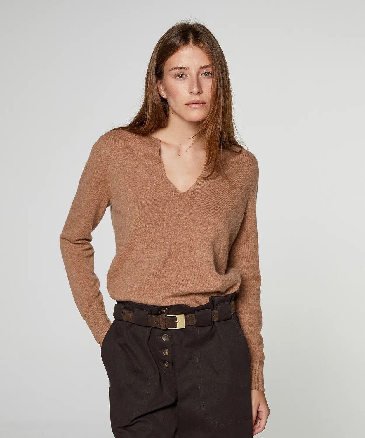 Rodier Maglia Cashmere Collo Tunisino Cammello 100% Cashmere