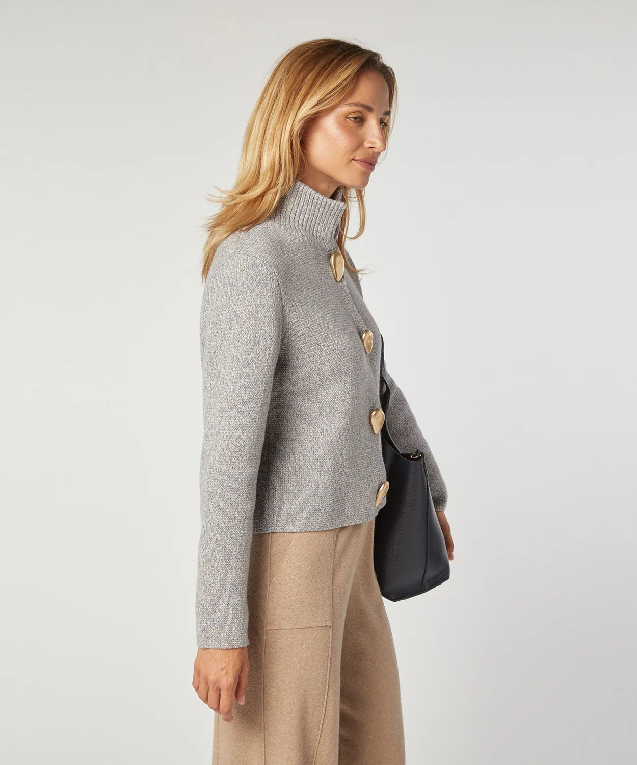 Rodier Cardigan in maglia blu collo alto cotone lana