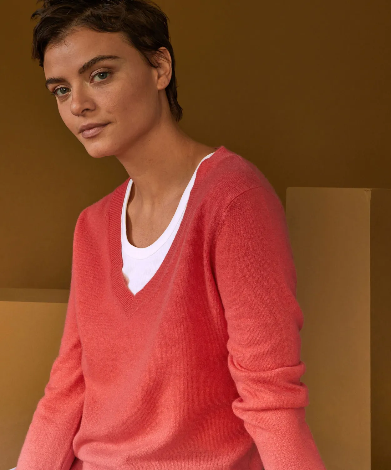 Rodier maglione scollo V cashmere arancione corallo