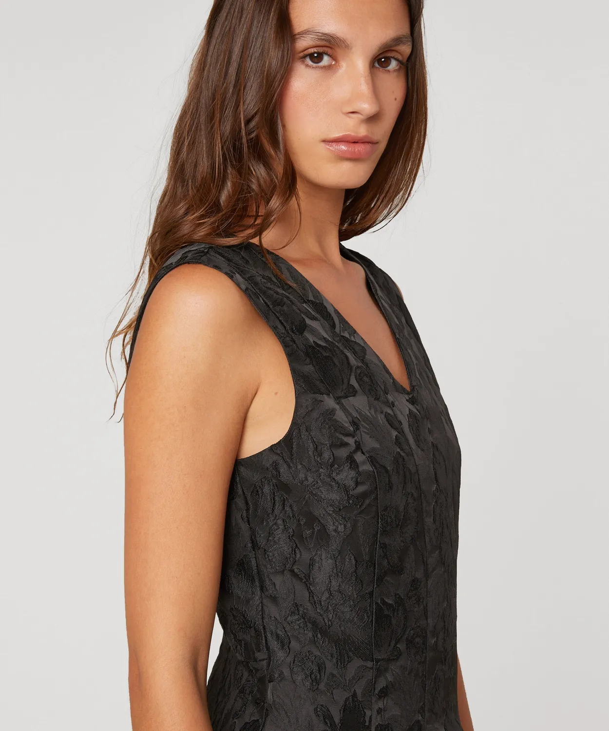 Rodier abito svasato broccato nero floreale