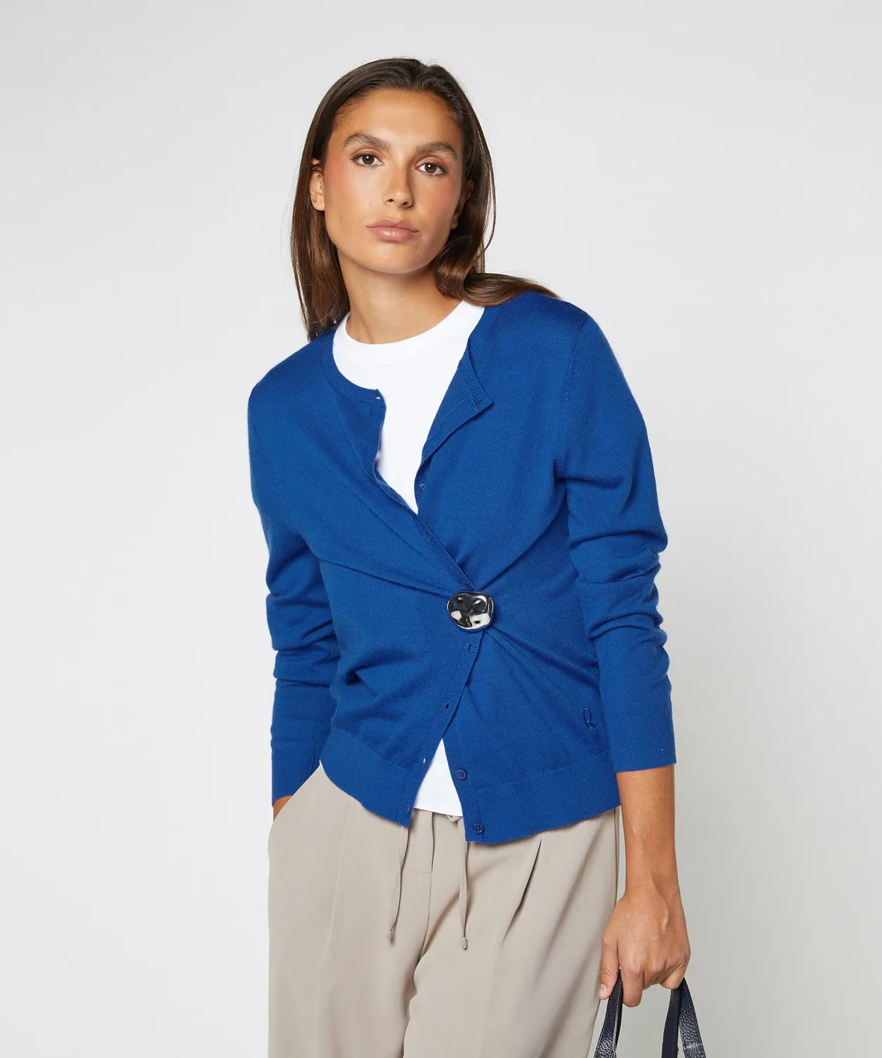 Rodier cardigan lana merino blu azzurro girocollo