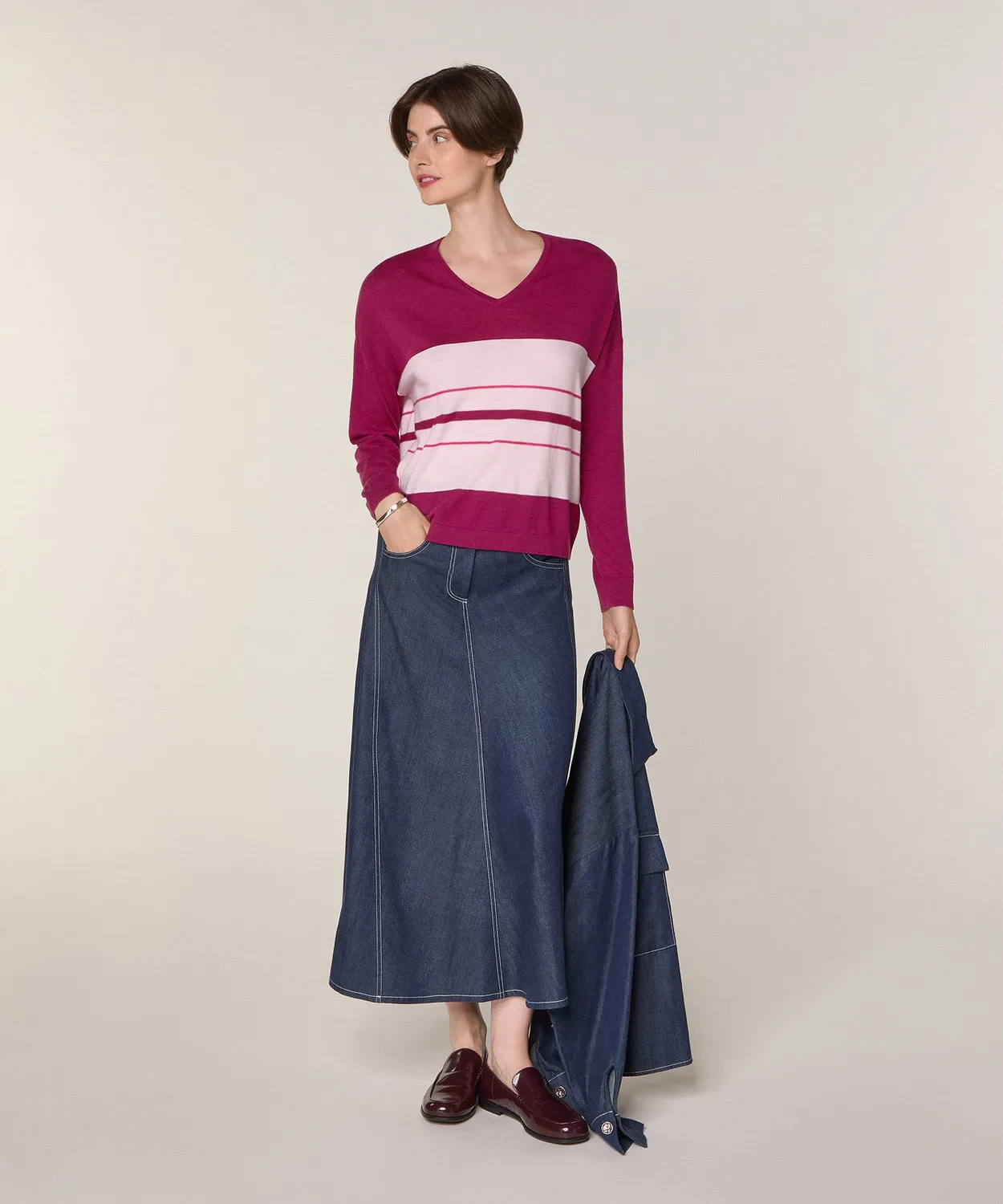Rodier Maglione Scollo a V Righe Lana Cassis