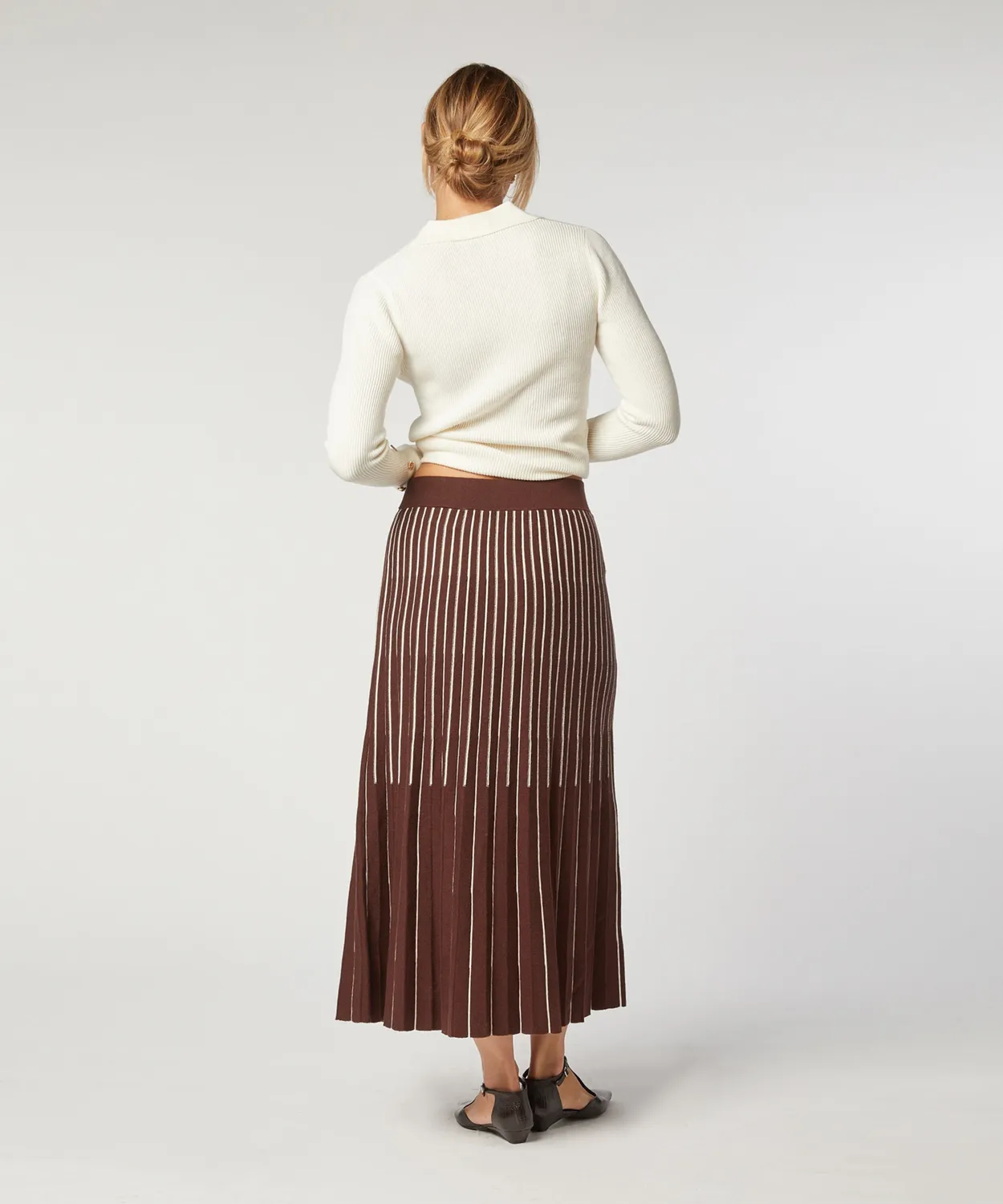 Rodier Gonna Lunga Maglia Marrone Plissettata Midi