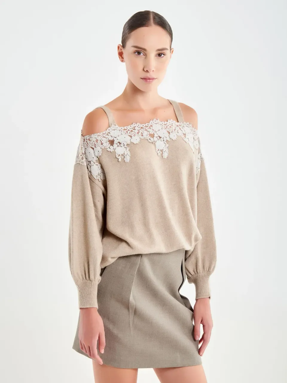 Vicolo Maglia Spalline Pizzo beige maniche lunghe taglia unica