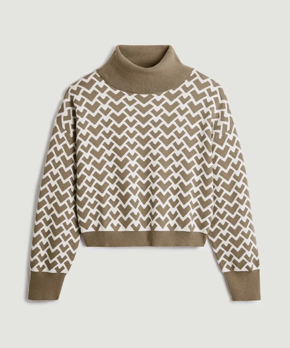 Rodier maglione corto donna jacquard cammello collo alto