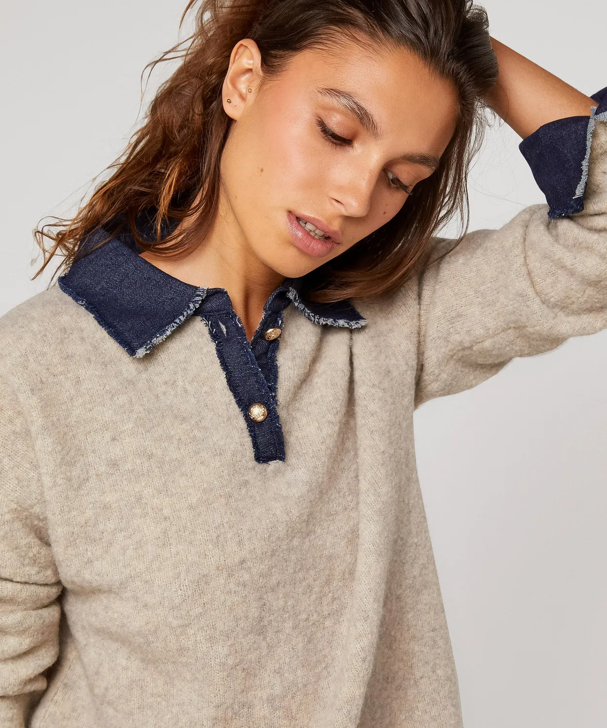 Rodier Maglione Polo Bimateriale Beige Melange