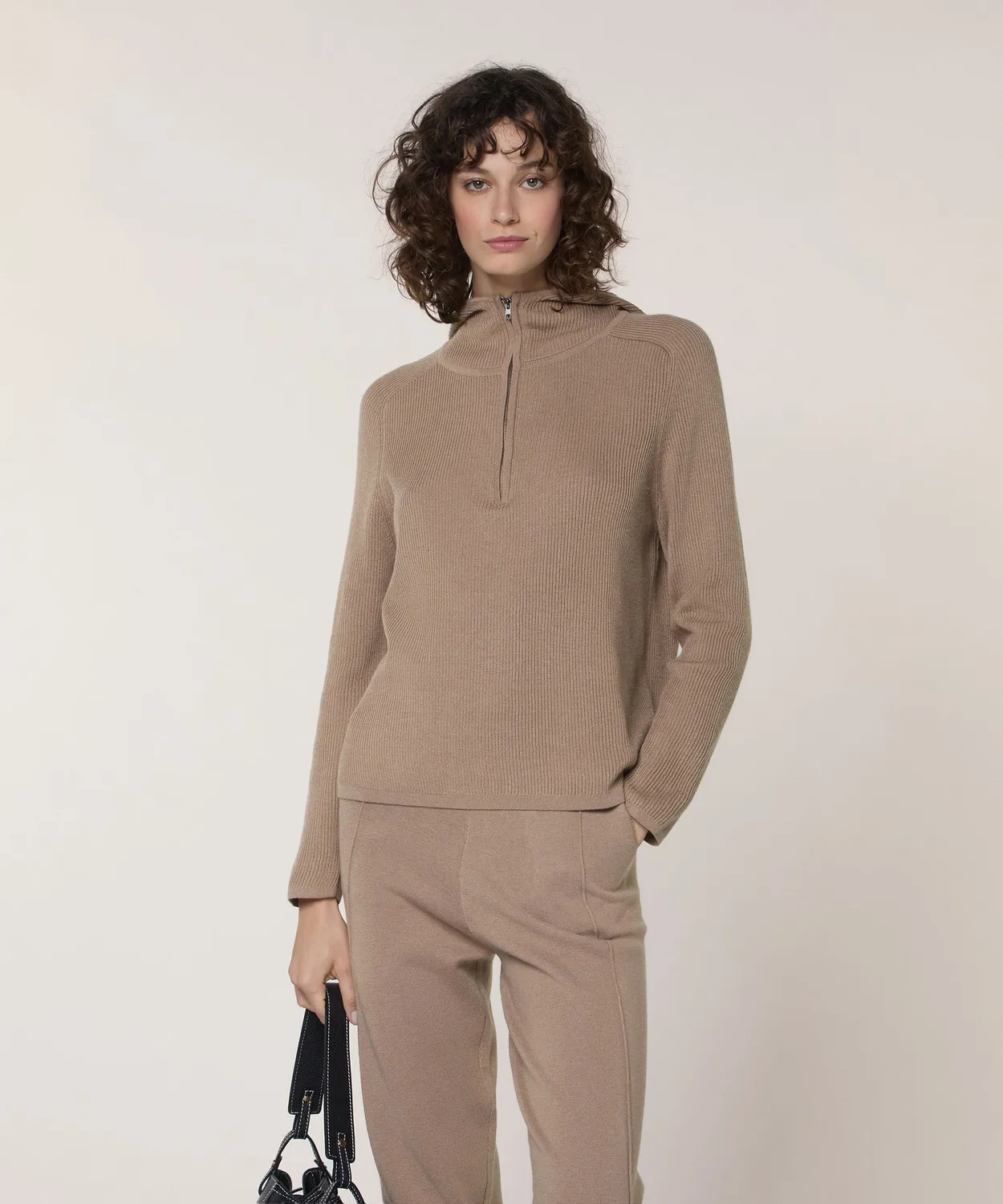 Rodier maglione cappuccio coste mocha brown con zip
