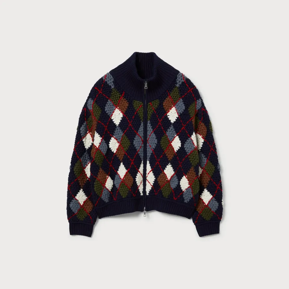 PORTS Argyle Wool Zip cardigan navy lana
