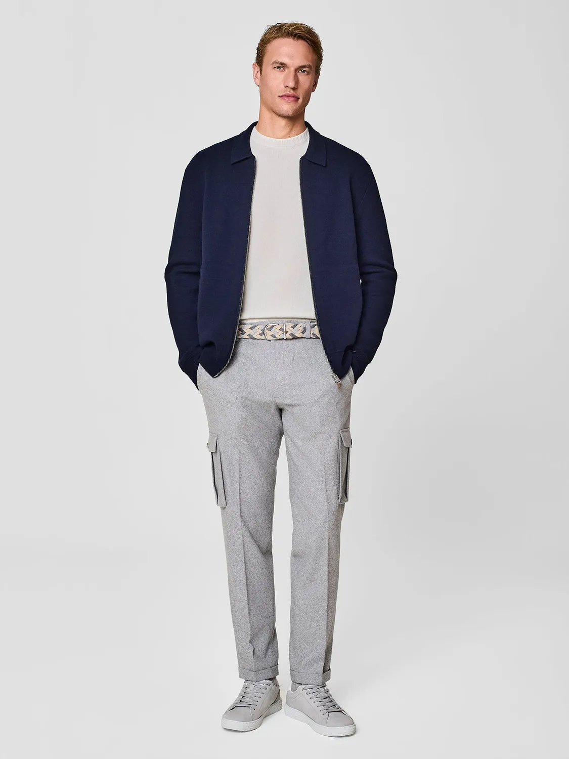 Paul Taylor Bomber Maglia Lana Jacquard Blu Zip Collo Camicia