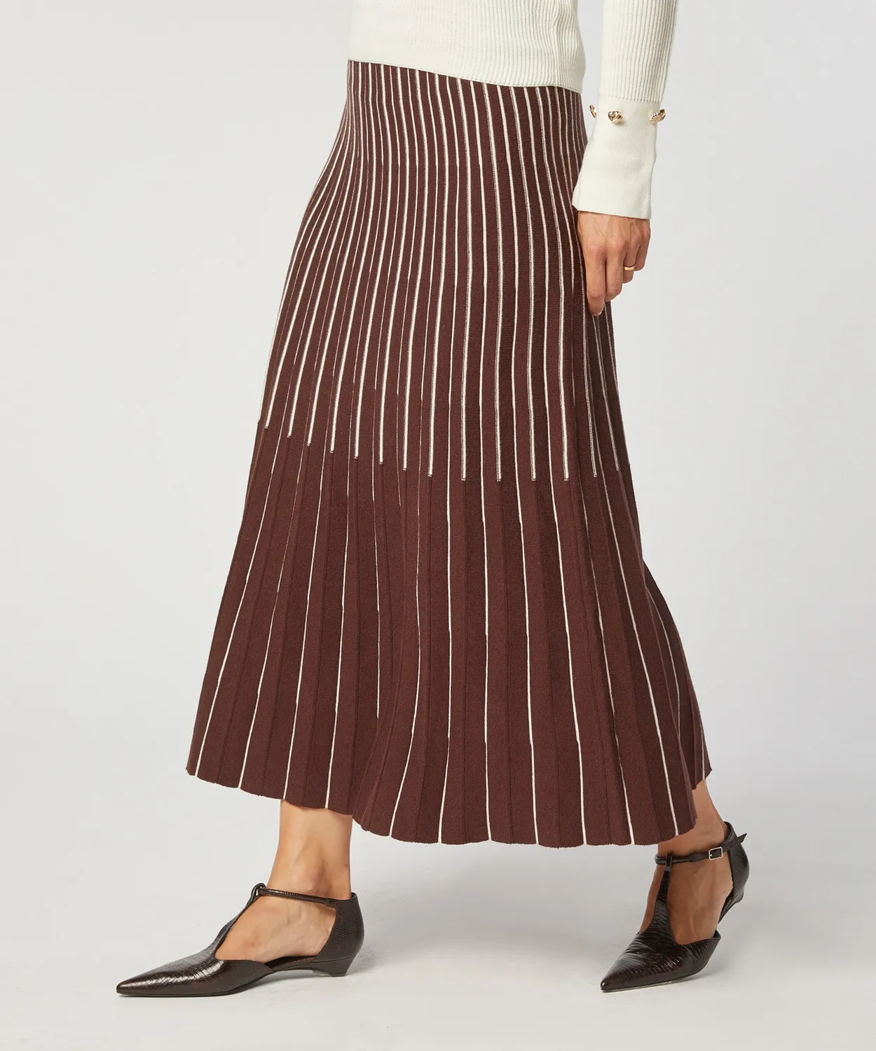 Rodier Gonna Lunga Maglia Marrone Plissettata Midi