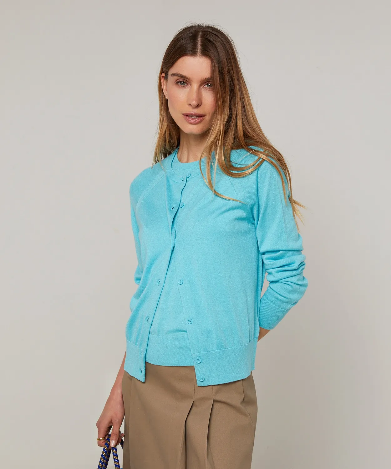 Rodier twin set seta blu turchese girocollo