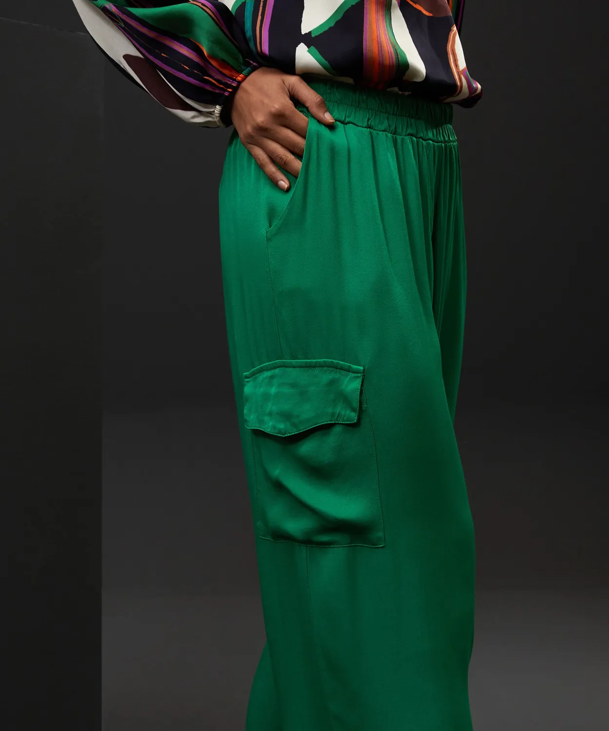 Rodier pantaloni cargo raso verde viscosa elasticizzati