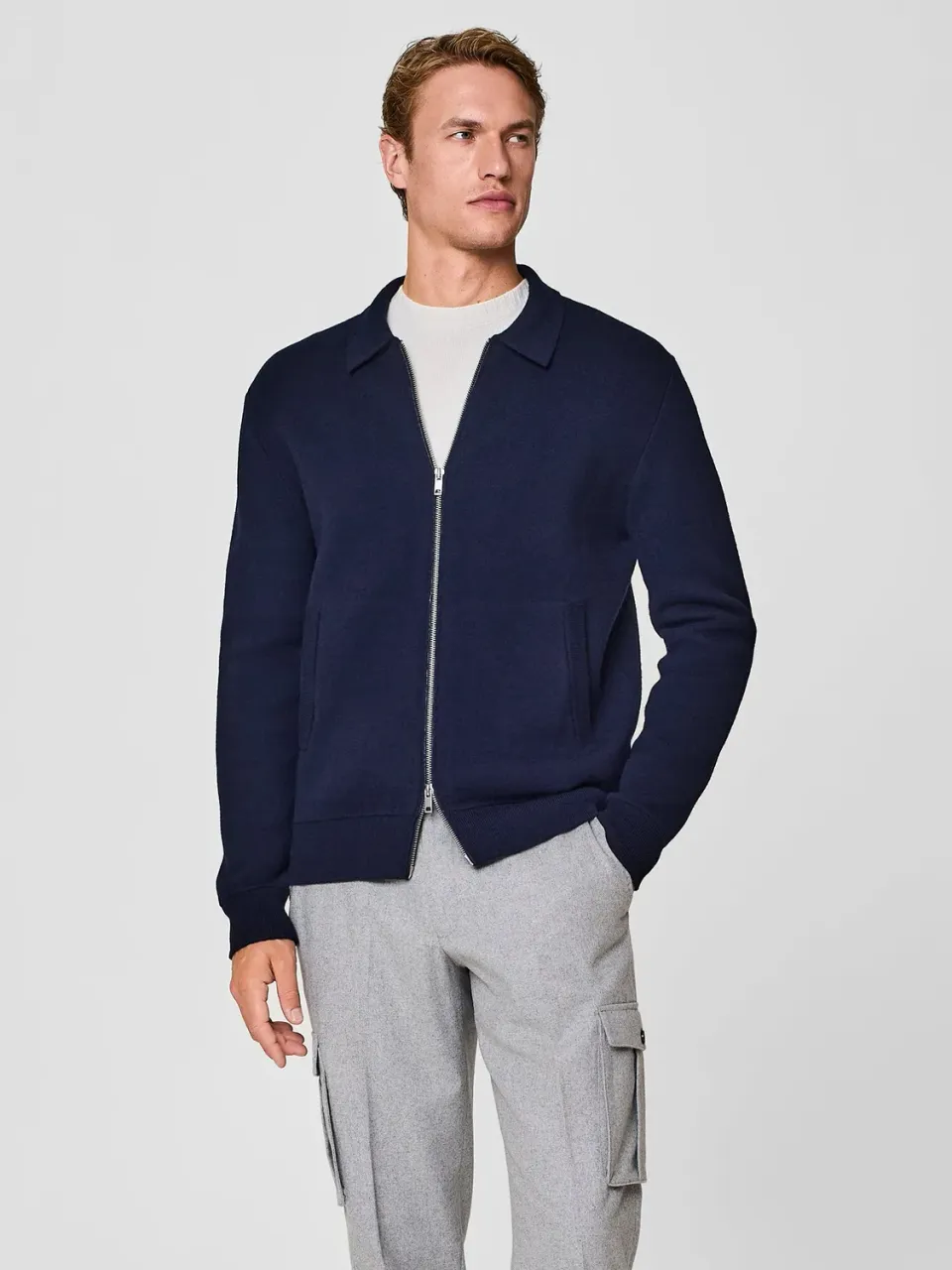 Paul Taylor Bomber Maglia Lana Jacquard Blu Zip Collo Camicia