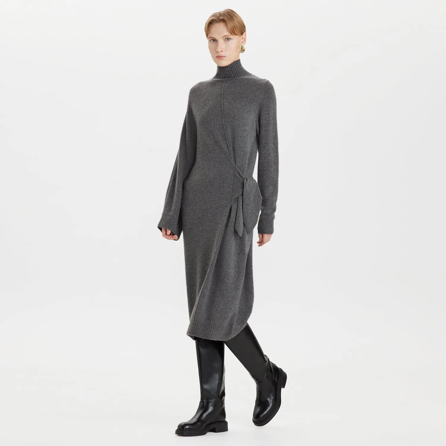 Ports Cashmere Roll-Neck abito midi grigio cashmere nodo