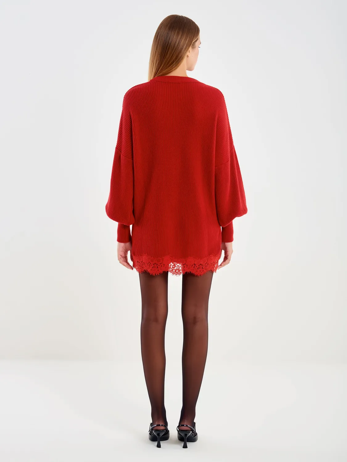 VICOLO Maglione Lungo con Pizzo rosso cotone
