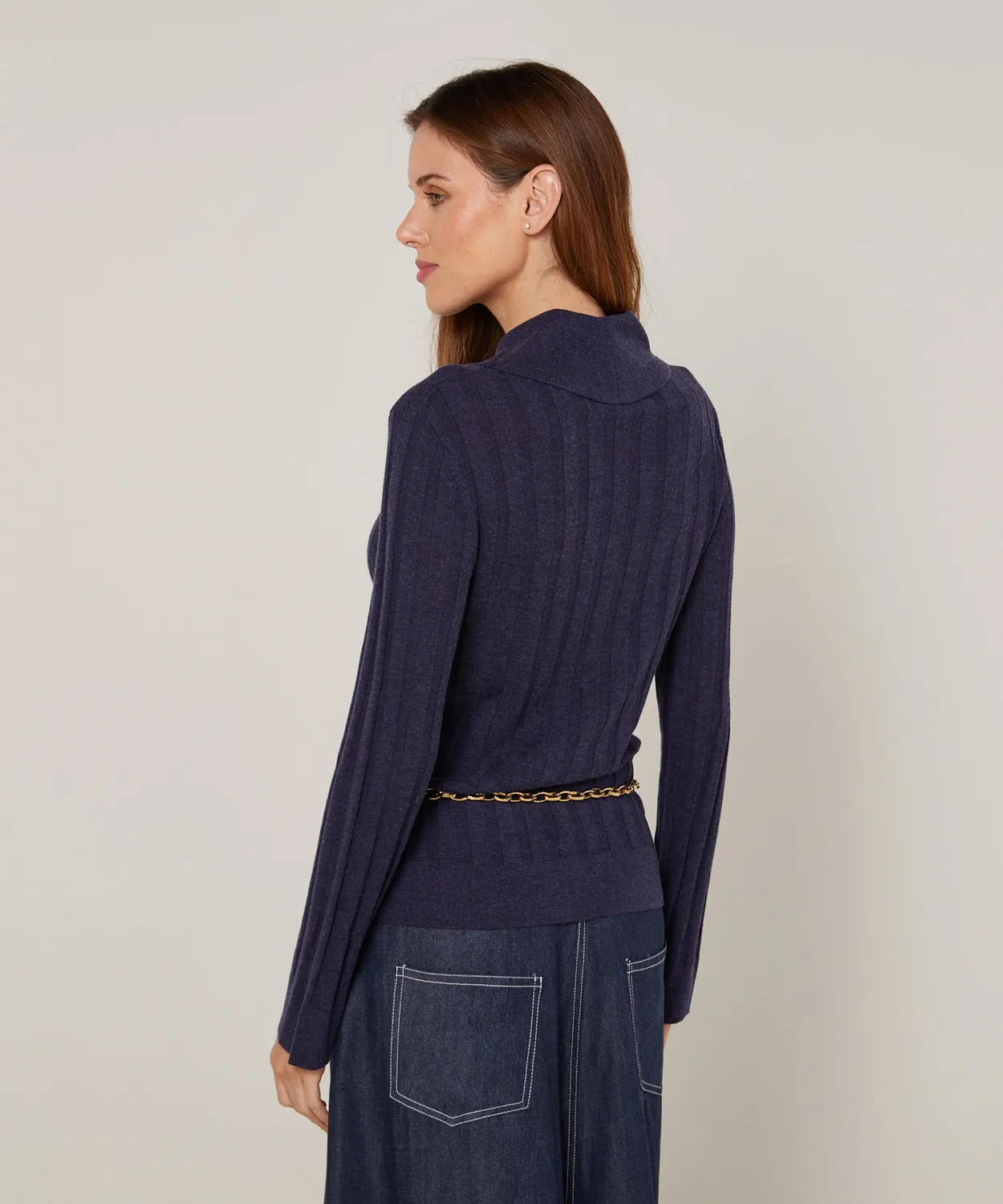 Rodier maglia coste polo blu denim aderente maniche lunghe