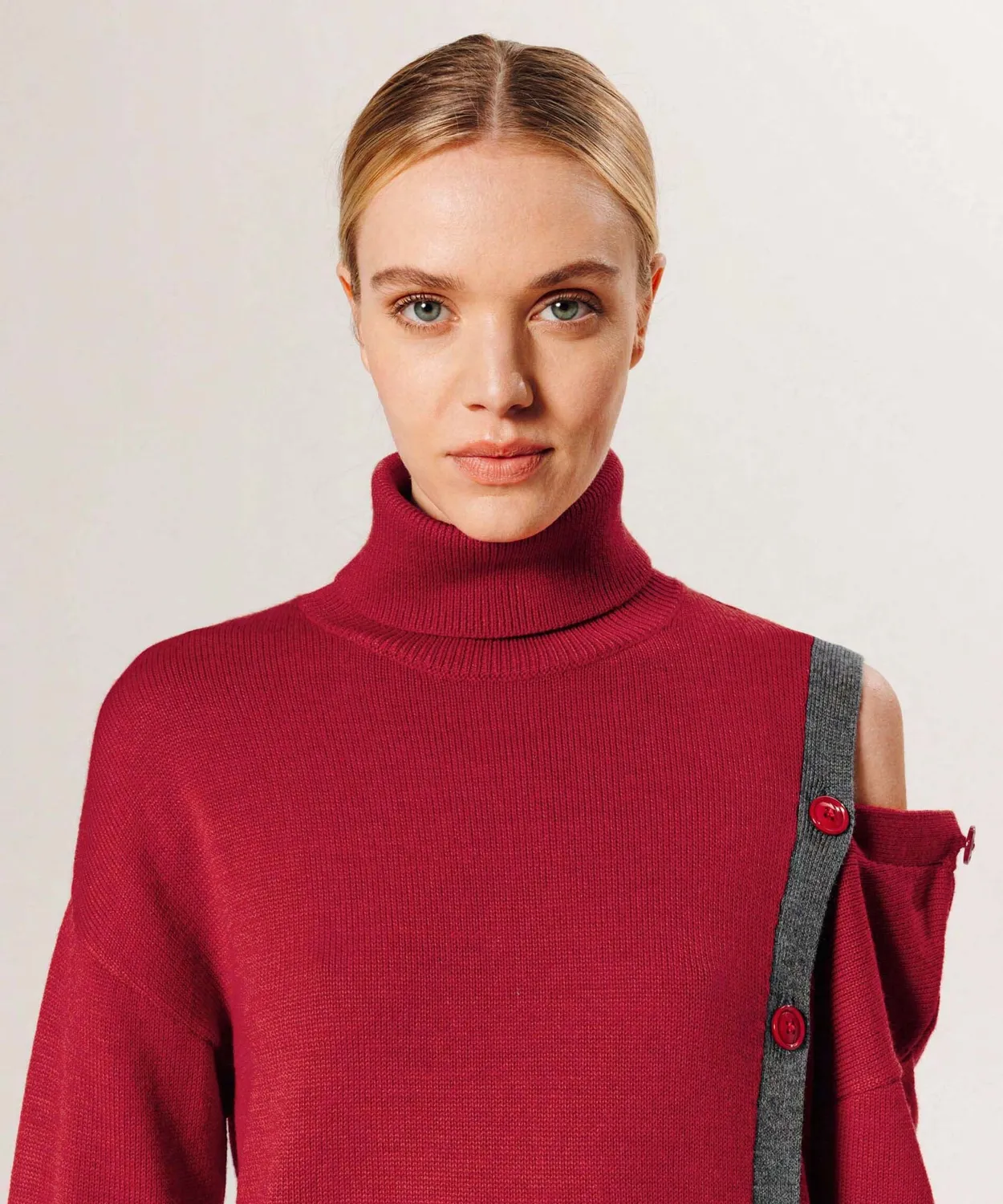 Rodier maglione collo alto lana merino rosso asimmetrico