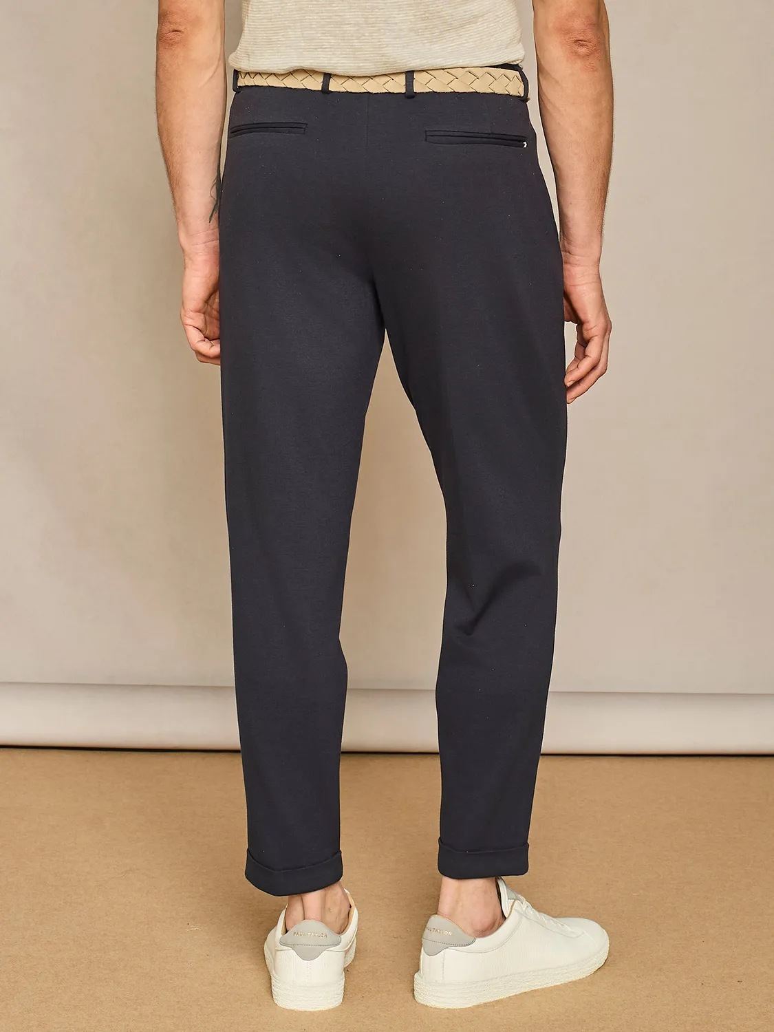 Paul Taylor pantalone wide jersey blu tasca america made in italy