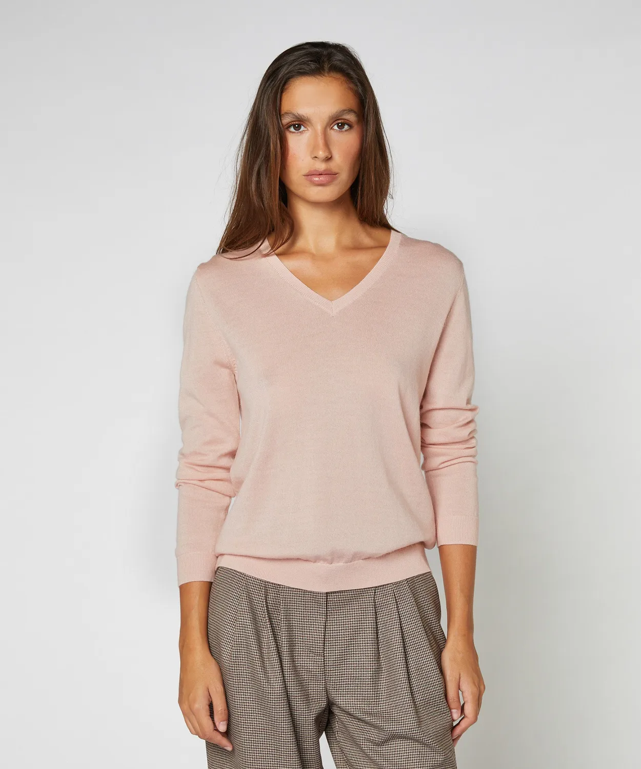 Rodier maglione scollo V lana merino rosa perla fine
