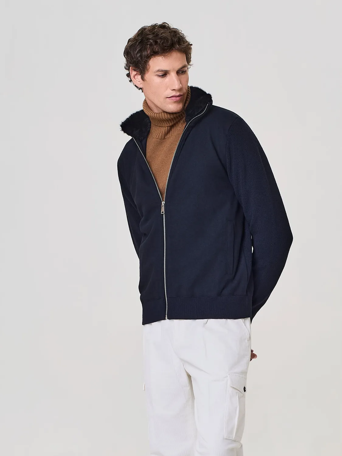Paul Taylor Bomber Misto Lana Blu con Collo Pelliccia