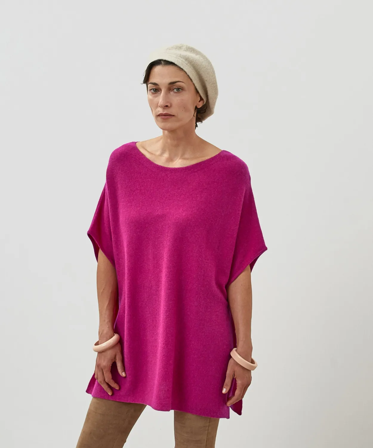Rodier poncho cashmere fucsia scollo barca