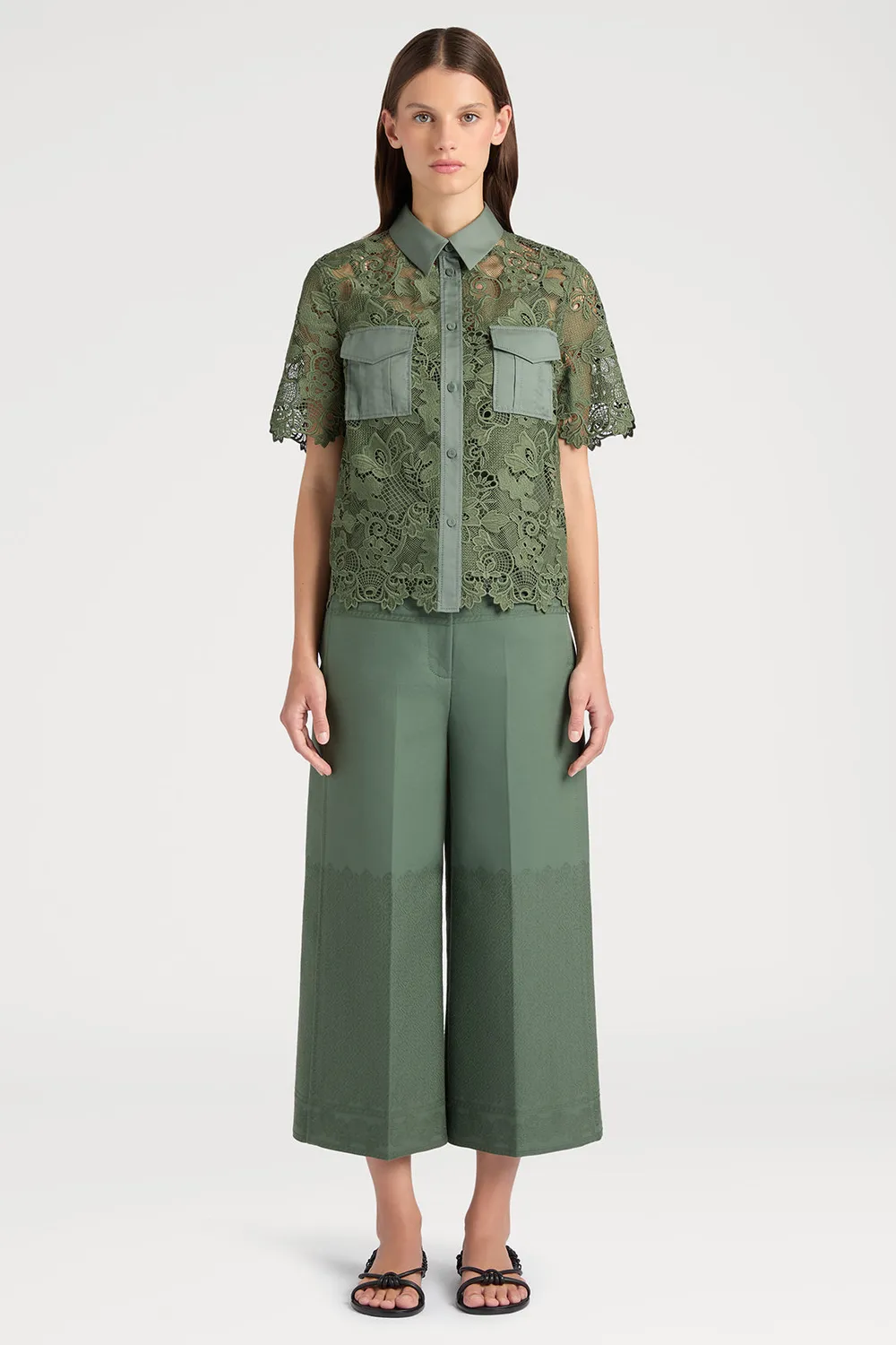 Ports 1961 Venetian Plaster Lace camicia verde militare pizzo