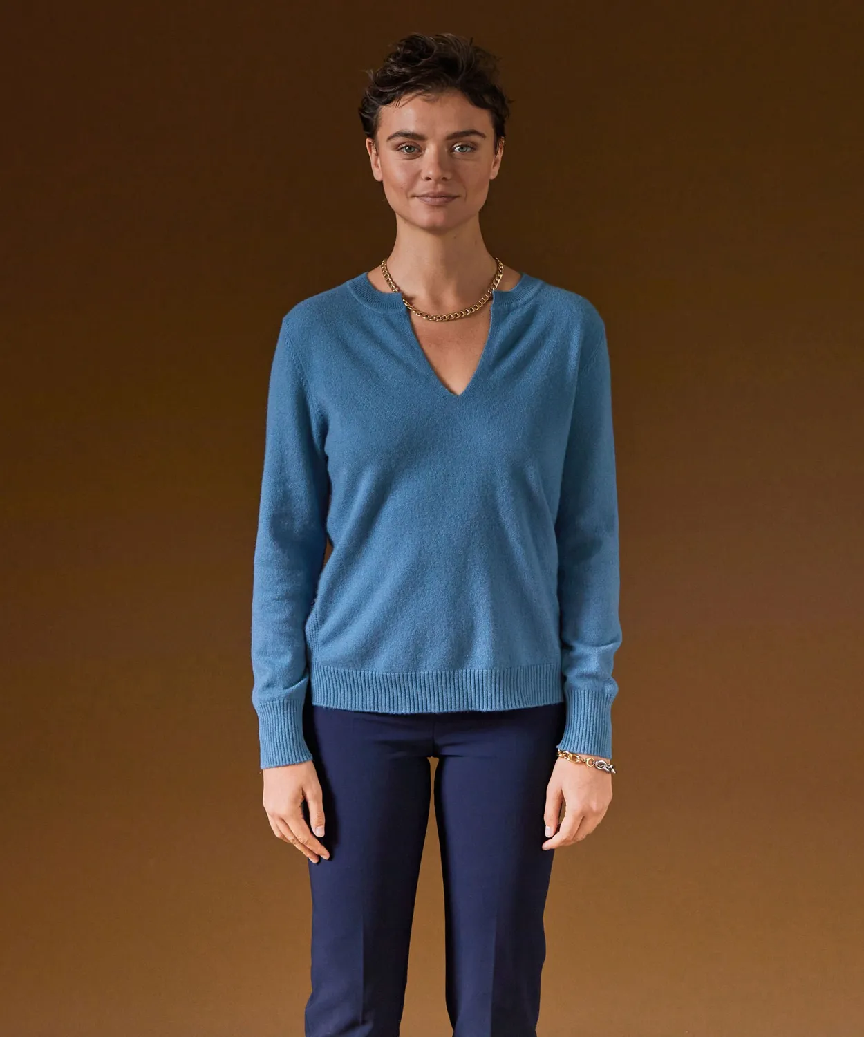 Rodier Maglione collo tunisino cashmere blu azzurro