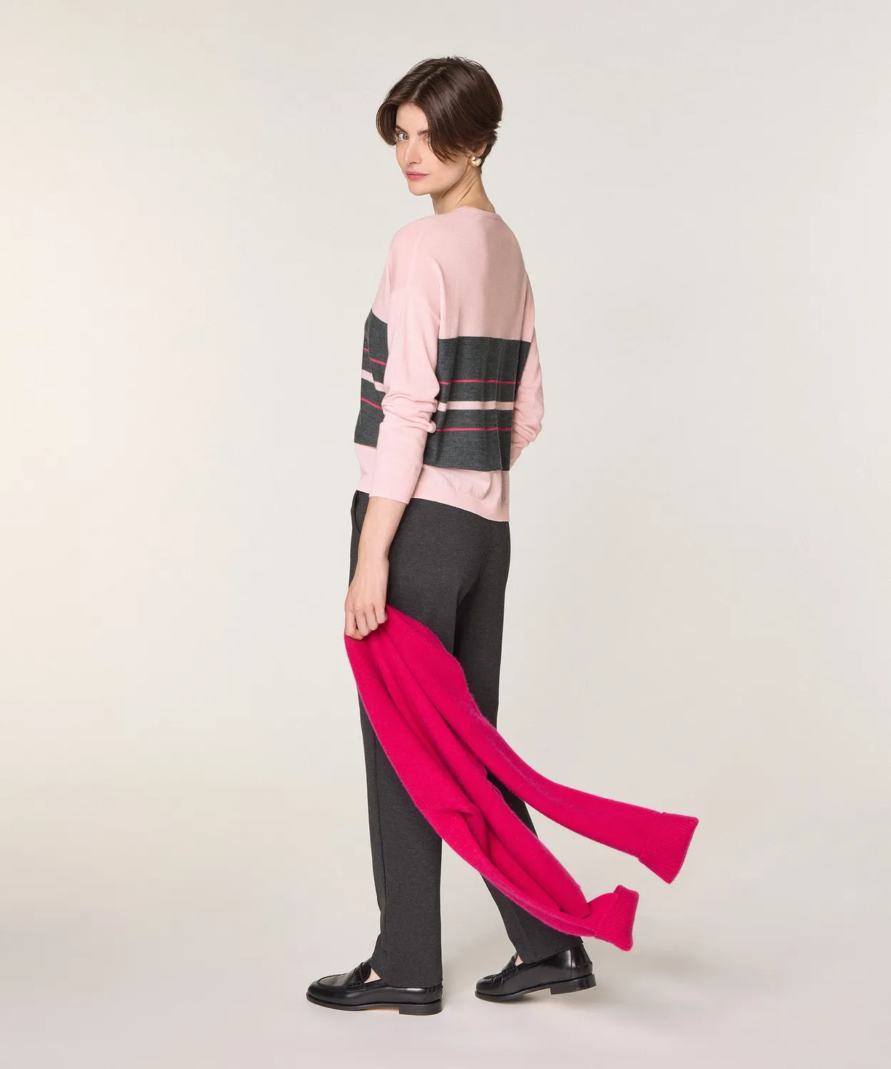 Rodier maglione scollo V righe merino rosa perla