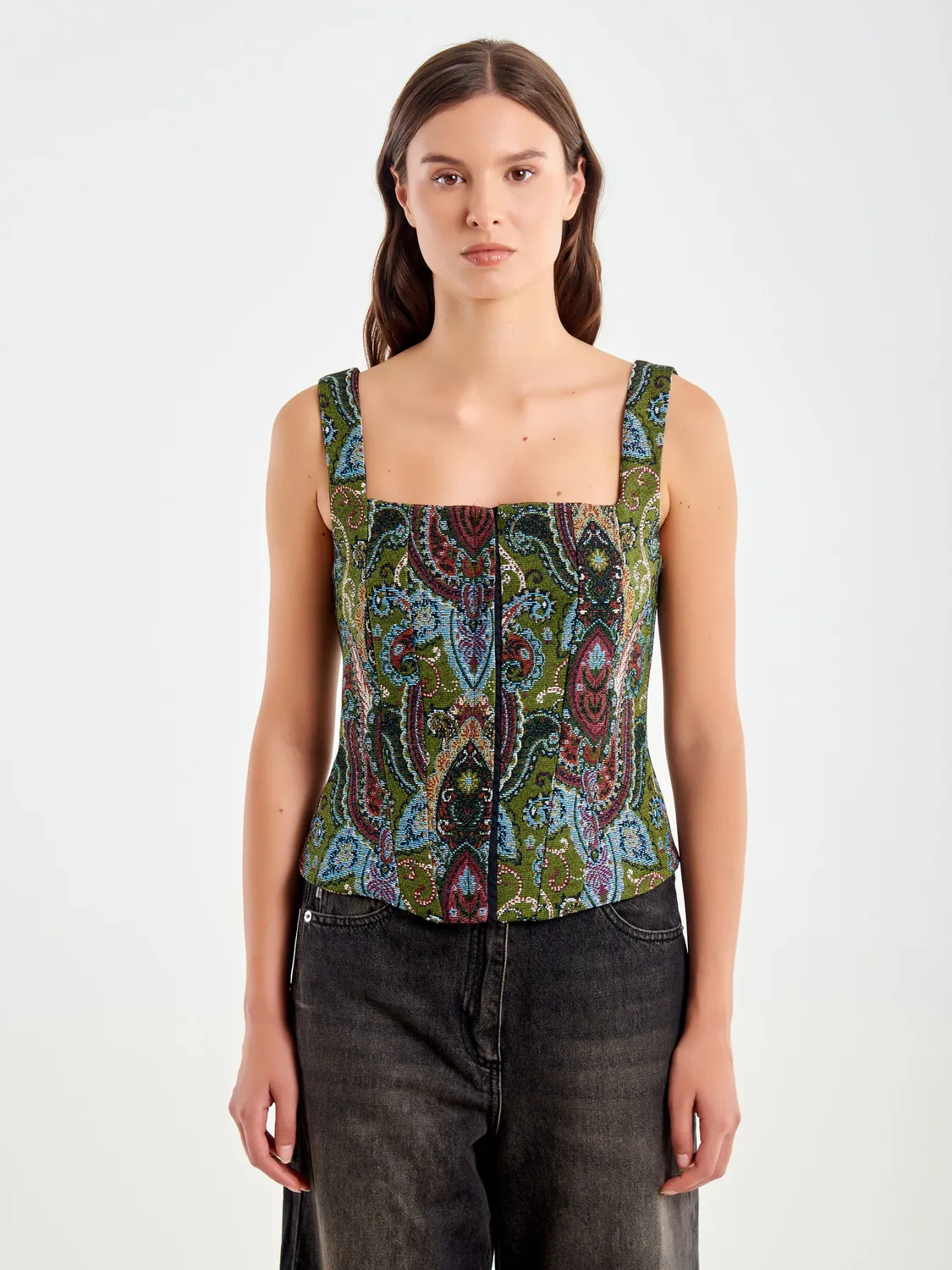 Vicolo corsetto jacquard top militare scollo quadrato
