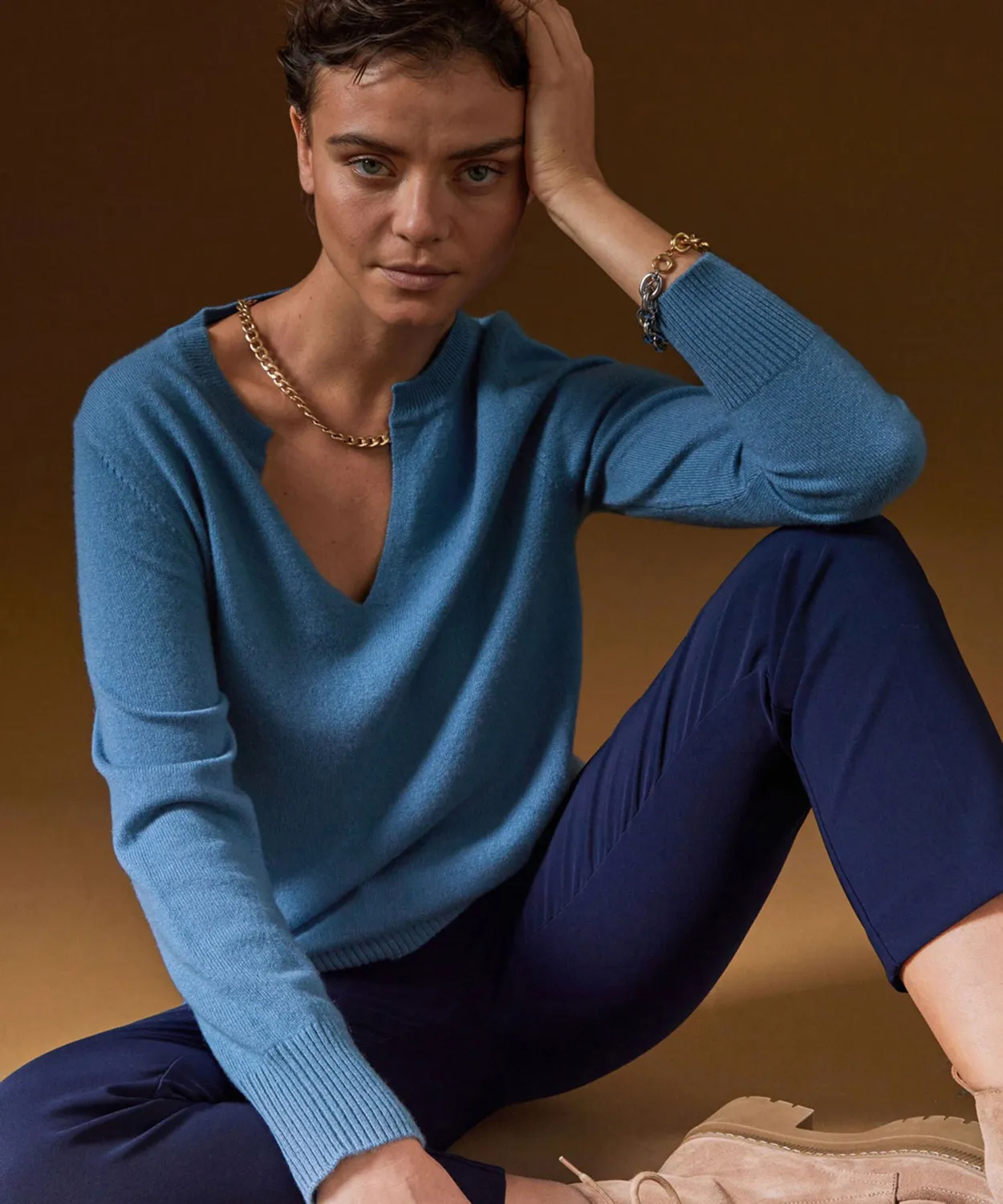 Rodier Maglione collo tunisino cashmere blu azzurro