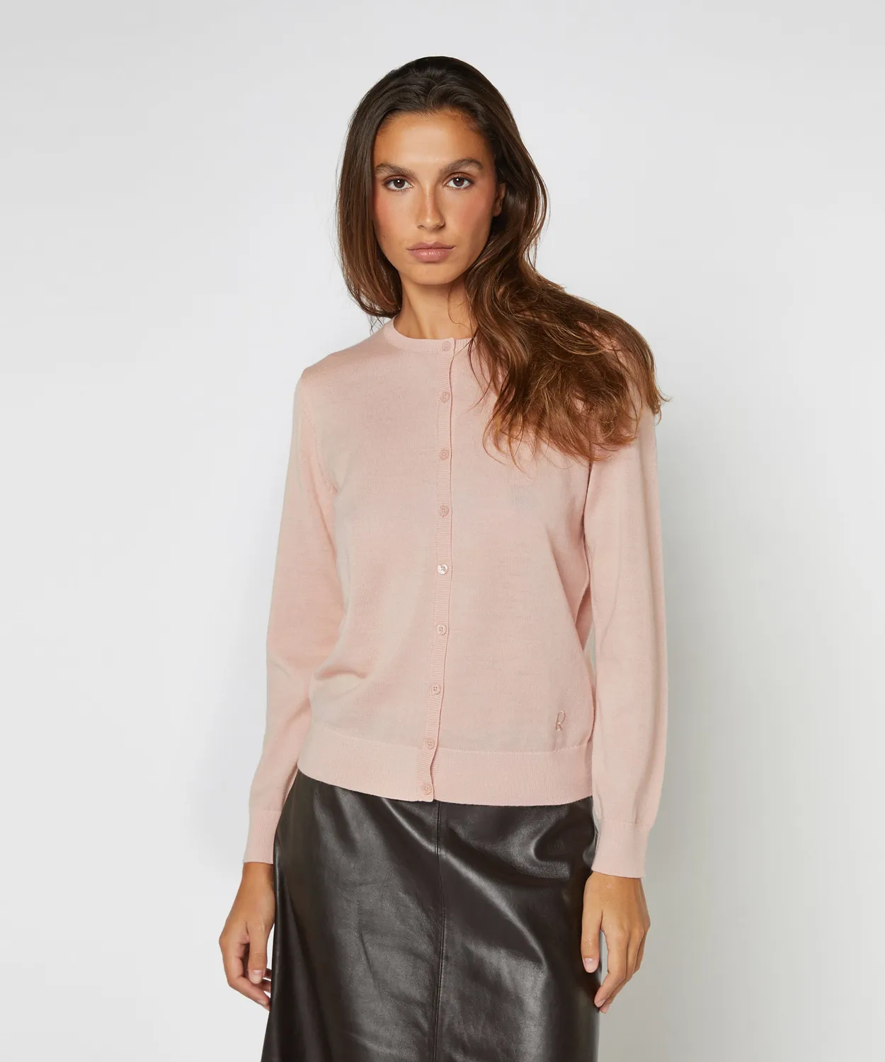 Rodier Cardigan Lana Merino Rosa Perla Girocollo