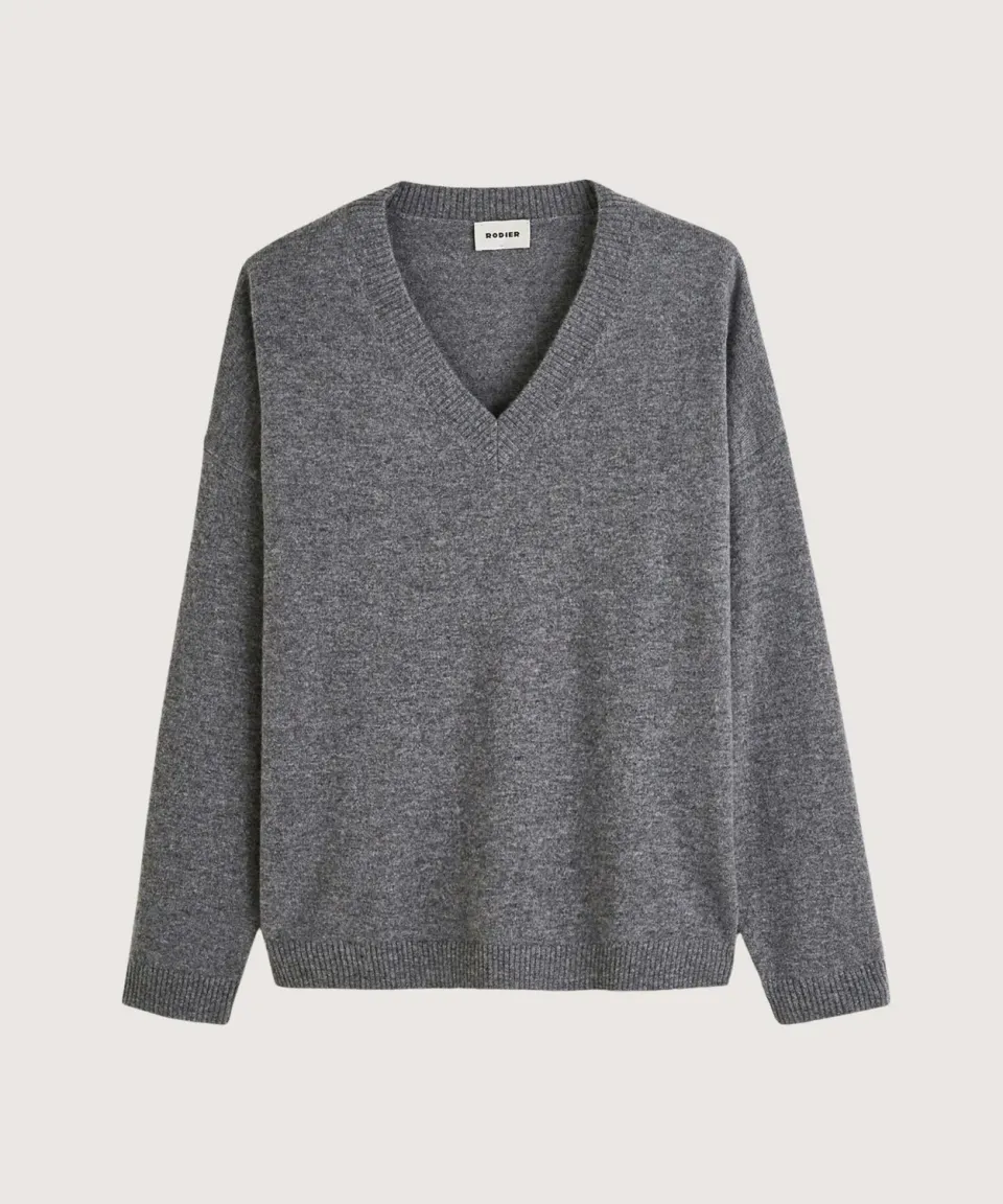 Rodier Maglione oversize scollo V cashmere grigio medio M