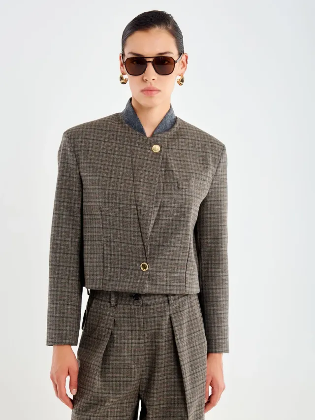 VICOLO Giacca Spencer blazer fondente check S M