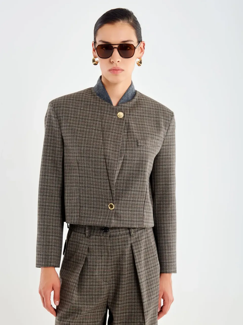 VICOLO Giacca Spencer blazer fondente check S M